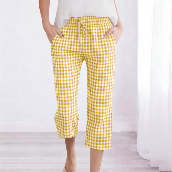 Neewe Summer Capri Pants for Women Casual Plaid Cotton Pants Straight Leg Vacation Beach Crop Pant with Pockets
