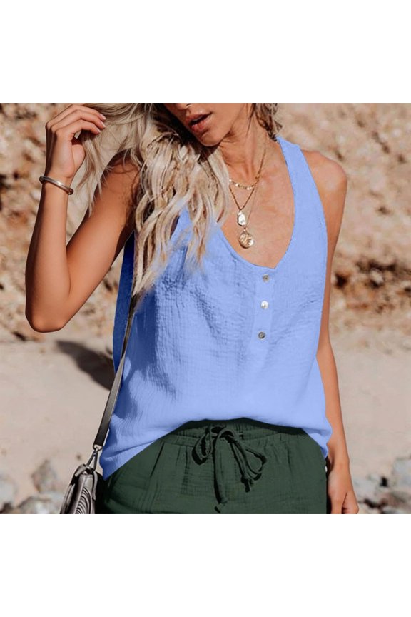 Summer Double-Layered Tank Solid Color Button-Down Top for Women 2026 Pleated Tops Loose Fit Round-Neck Sleeveless Shirts