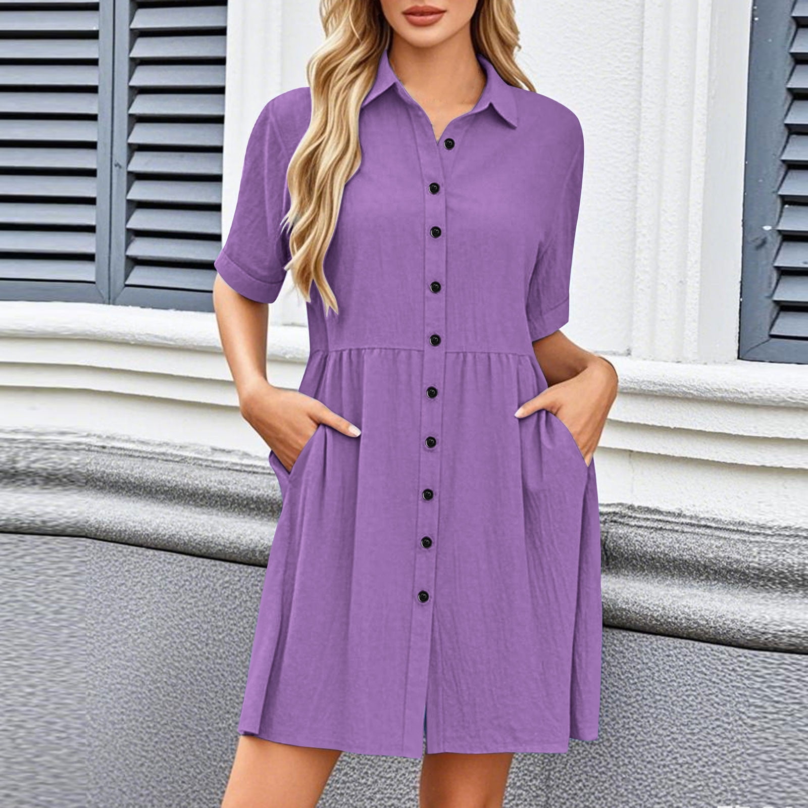 Summer Maxi Dress for Women Casual Flowy Plain V Neck Front Button Down Short Sleeve Empire Long Dresses with Pockets