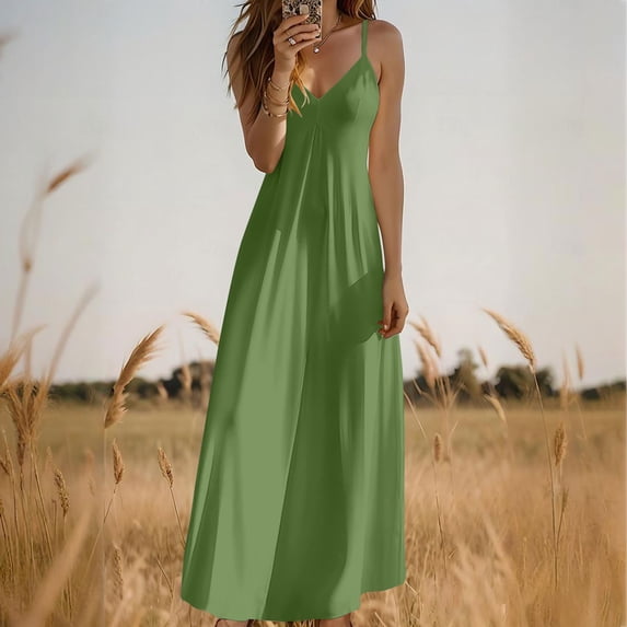 Neewe Summer Maxi Dresses for Women Loose Casual Classic Tunic Waist Pleated Plain V Neck Adjustable Strap Long Dress with Pocket
