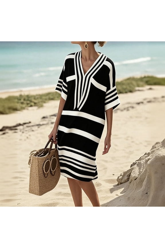 Summer Midi Dress for Women Tshirtdress Patchwork Color V Neck Short Sleeve A-Line Knee Length Dresses