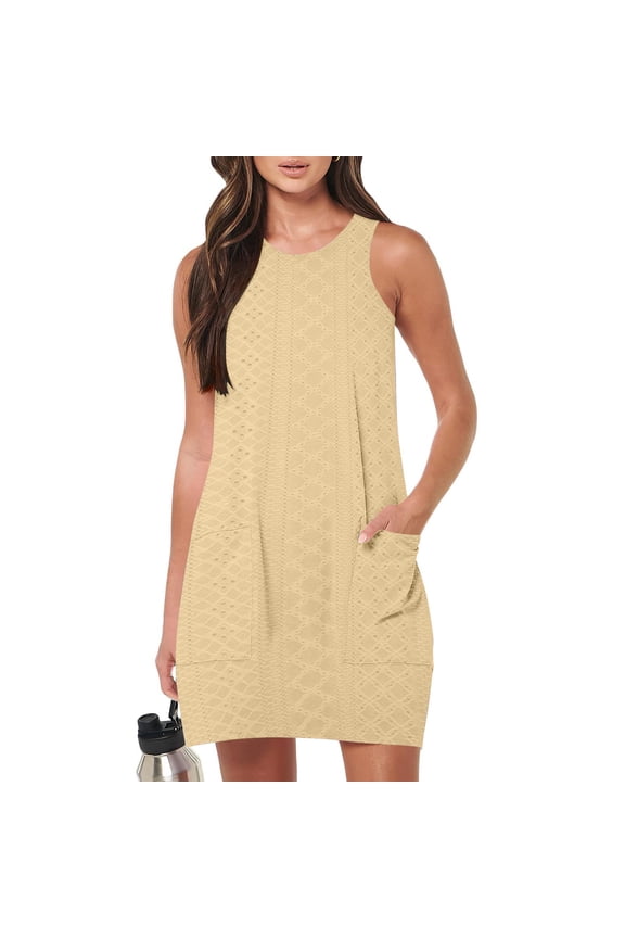 Summer Mini Tankdresses for Women Plain Round Neck Pleated Sleeveless Casual Knee Loose Dress with Pocket