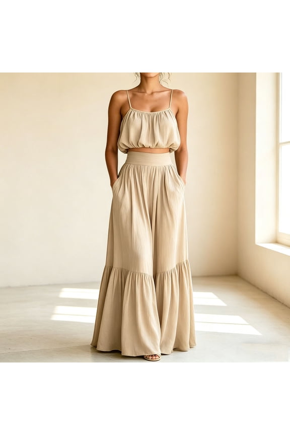 Summer Skirt Sets Women 2 Piece Outfits Sleeveless Strap Top Elastic Waist Maxi Dress Sets with Pockets