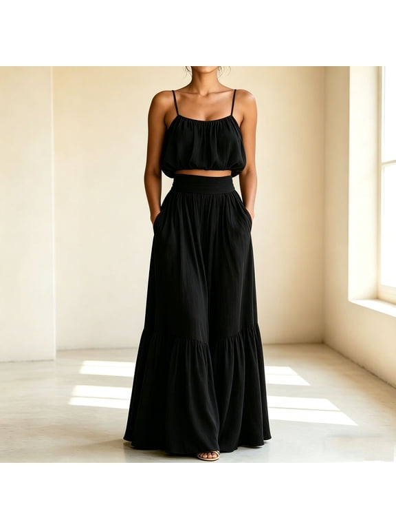 Summer Skirt Sets Women 2 Piece Outfits Sleeveless Strap Top Elastic Waist Maxi Dress Sets with Pockets
