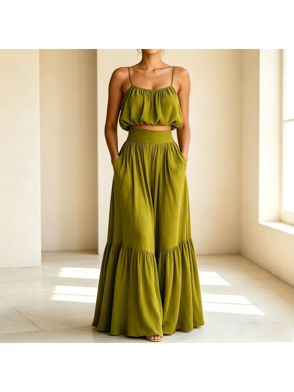 Summer Skirt Sets Women 2 Piece Outfits Sleeveless Strap Top Elastic Waist Maxi Dress Sets with Pockets