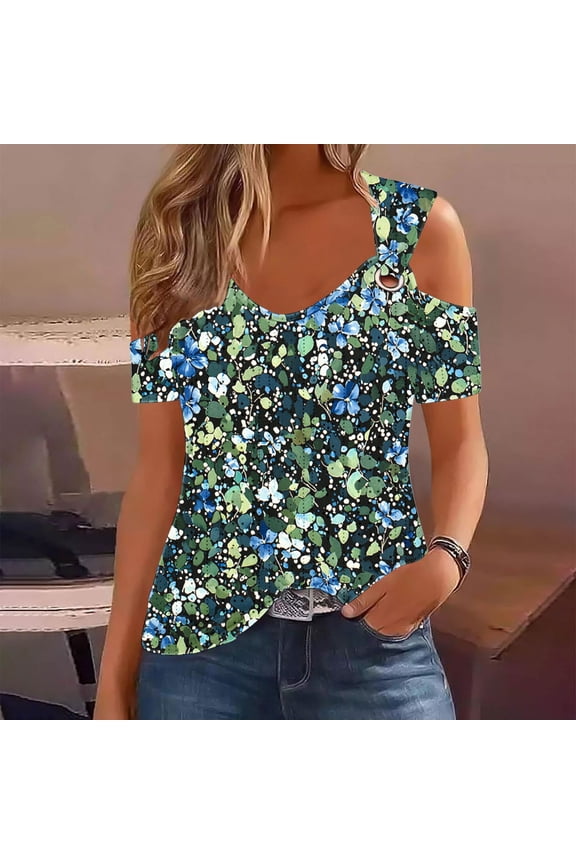 Summer Tops Womens Tunic Top Short Sleeve Cold Shoulder V Neck Loose Fit Basic Tee Casual Tops T Shirts Blouse