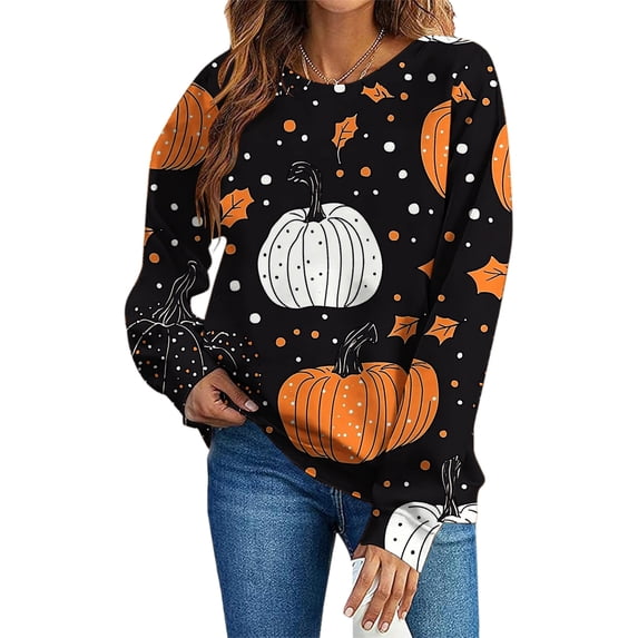 Neewe Sweatshirts for Women Crewneck Long Sleeve Loose Fit Tops Halloween Trim Pumpkin Cute Fashion 2025