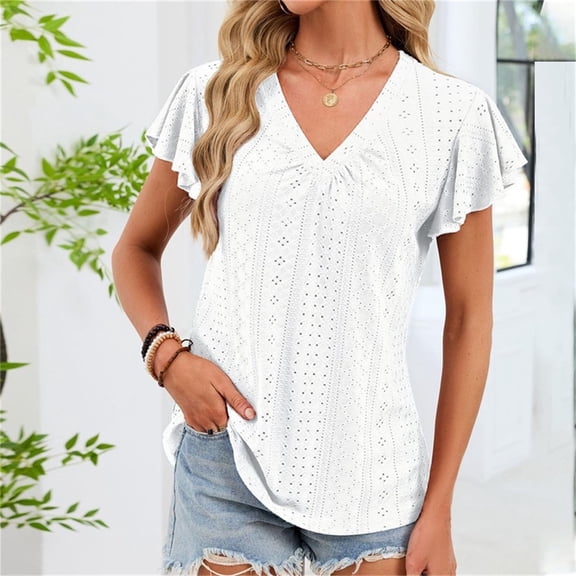 Neewe Trendy Short Sleeve V Neck Pleated Front Flowy 2026 Blouses Shirts for Women Work Casual Tops Dressy