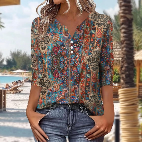 Neewe V Neck Blouses for Women Dressy Casaul 3/4 Length Sleeve Womens Tops Button Down Shirts