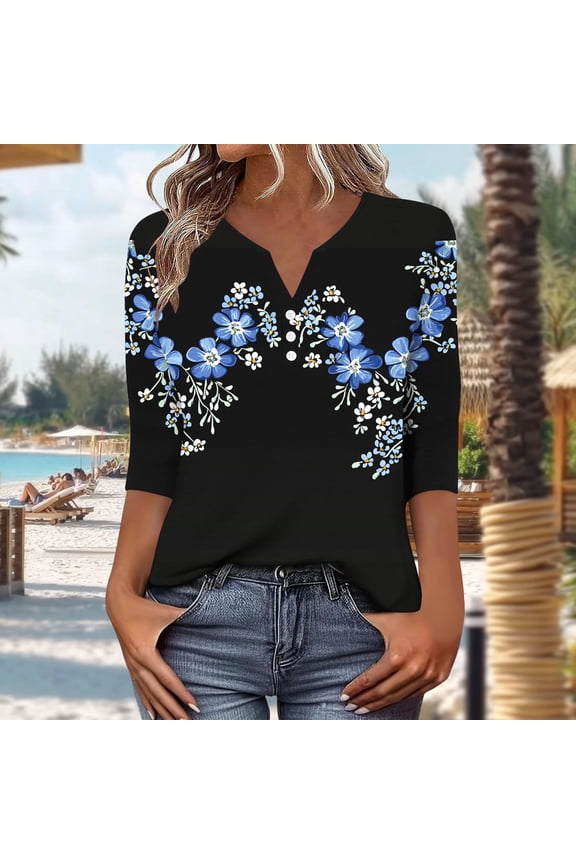 V Neck Blouses for Women Dressy Casaul 3/4 Length Sleeve Womens Tops Button Down Shirts