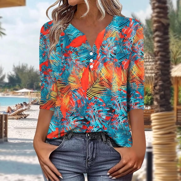 Neewe V Neck Blouses for Women Dressy Casaul 3/4 Length Sleeve Womens Tops Button Down Shirts