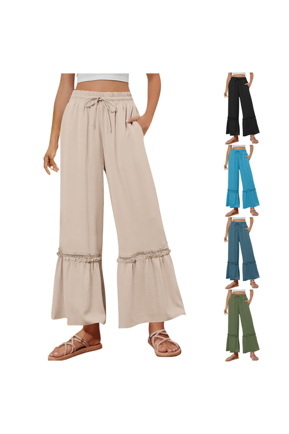 Wide Leg Palazzo Pants for Women Summer High Waist Flowy Loose Casual Lounge Trousers Beach Travel Vacation Clothes-Army Green M