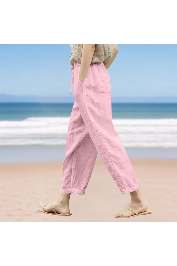 Wide Leg Pants for Women Flowy Palazzo Drawstring Elastic Waist Trousers with Pockets Summer Cotton Linen Clothes