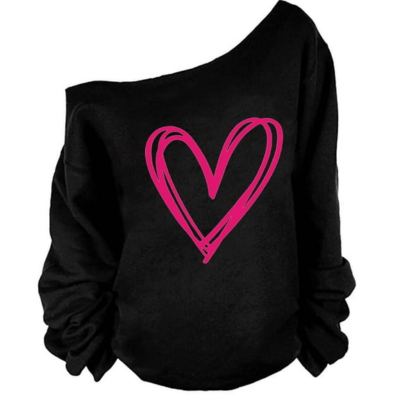Neewe Woman’s Sweatershirt Heart Print Causal Blouse Off The Shoulder Long Sleeve Loose Slouchy Pullover Plus Size Tops