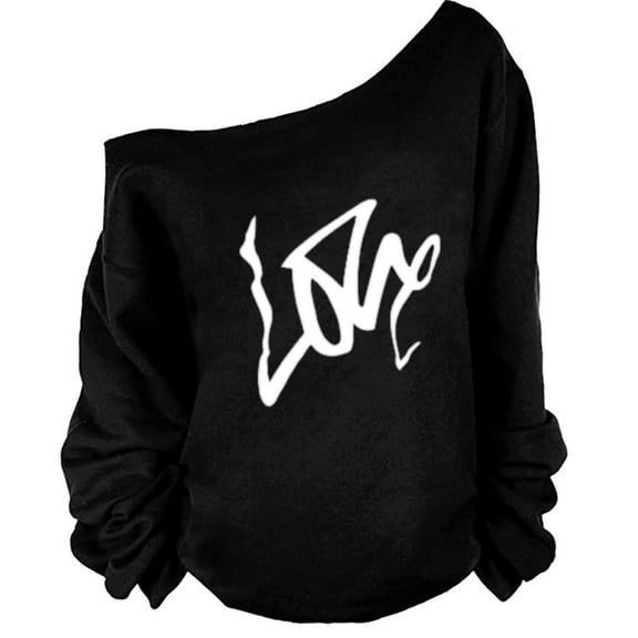 Neewe Woman’s Sweatershirt Heart Print Causal Blouse Off The Shoulder Long Sleeve Loose Slouchy Pullover Plus Size Tops