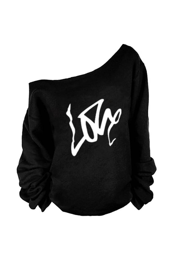 Woman’s Sweatershirt Heart Print Causal Blouse Off The Shoulder Long Sleeve Loose Slouchy Pullover Plus Size Tops