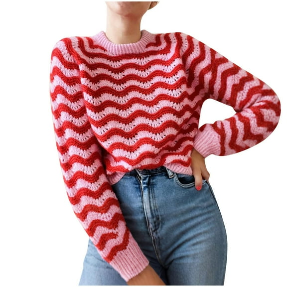 Neewe Women Autumn Winter Colorblock Pullover Sweaters Round Neck Striped Knitwear Tops