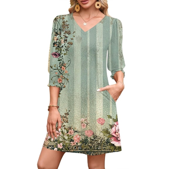 Neewe Women Casual Beach Summer Dress Boho Tassel Tie Neck 3/4 Long Sleeve Short Floral Print Flowy Cover Up Sundresses