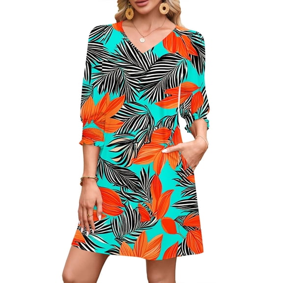 Neewe Women Casual Beach Summer Dress Boho Tassel Tie Neck 3/4 Long Sleeve Short Floral Print Flowy Cover Up Sundresses