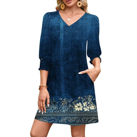 Neewe Women Casual Beach Summer Dress Boho Tassel Tie Neck 3/4 Long Sleeve Short Floral Print Flowy Cover Up Sundresses