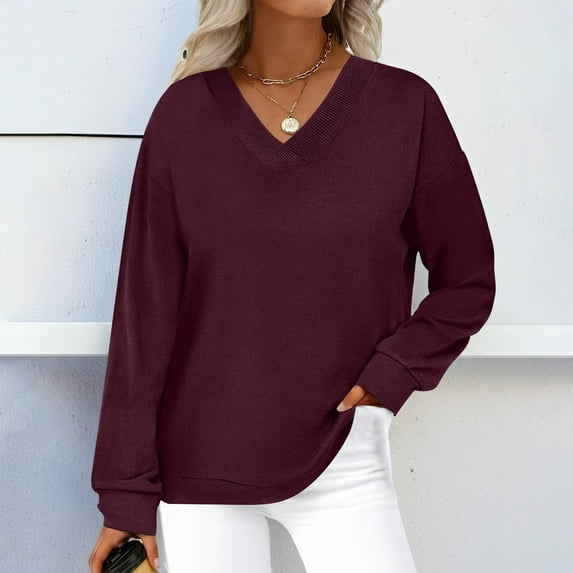 Neewe Women Casual Long Sleeve V Neck Sweatshirts Cute Loose Fit Lightweight Pullover Tops