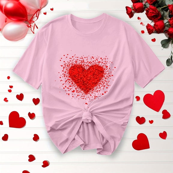 Neewe Women Cute Heart Graphic Crewneck Short Sleeve Regular Fit Casual Tee T-Shirts Tshirt Tops