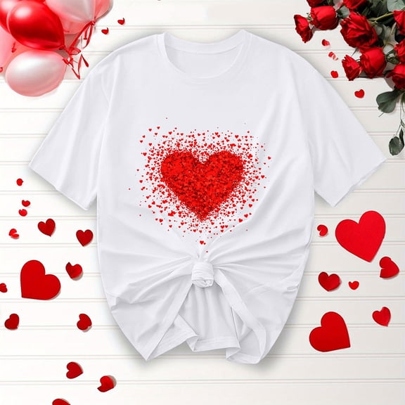 Neewe Women Cute Heart Graphic Crewneck Short Sleeve Regular Fit Casual Tee T-Shirts Tshirt Tops