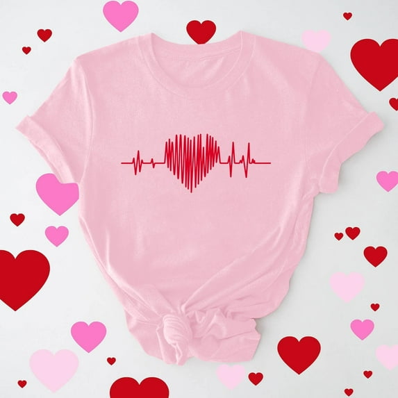 Neewe Women Cute Heart Graphic Crewneck Short Sleeve Regular Fit Casual Tee T-Shirts Tshirt Tops