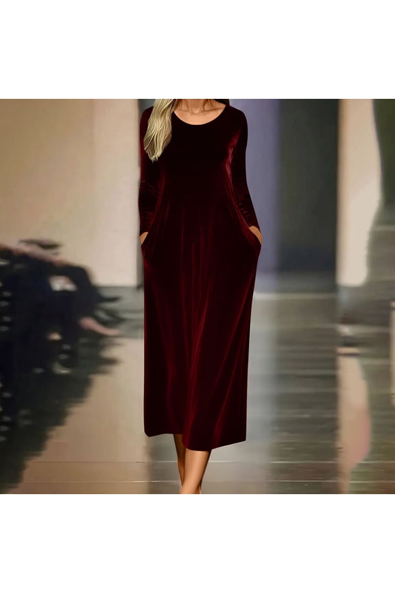 Women Fall Dress Long Sleeve Crew Neck Velvet Stretchy Long Dress with Pocket Party Club