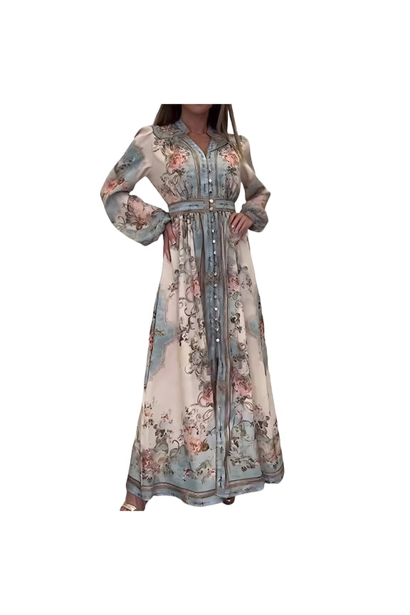 Women Fall Maxi Dresses 2025 Long Lantern Sleeve High Waisted A-Line Boho Long Dress Vacation