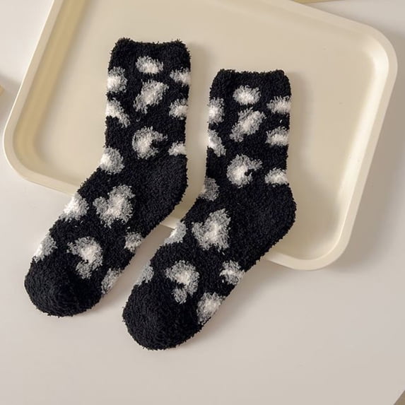 Neewe Women Leopard Print Half Fleece Mid Socks Coral Fleece Thickened Warm Sleeping Socks