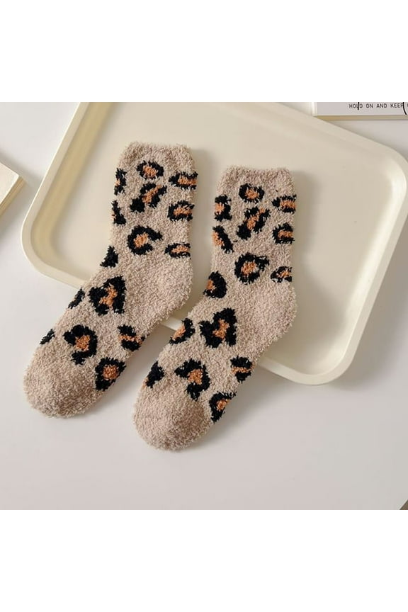 Women Leopard Print Half Fleece Mid Socks Coral Fleece Thickened Warm Sleeping Socks
