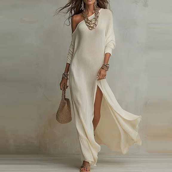 Neewe Women One Shoulder High Slit Maxi Dress Ruched Casual Solid Color Loose High Slit Maxi Dress