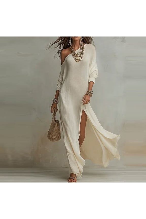 Women One Shoulder High Slit Maxi Dress Ruched Casual Solid Color Loose High Slit Maxi Dress