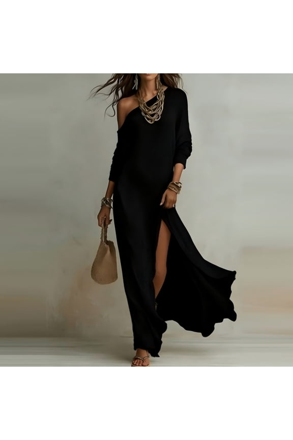 Women One Shoulder High Slit Maxi Dress Ruched Casual Solid Color Loose High Slit Maxi Dress