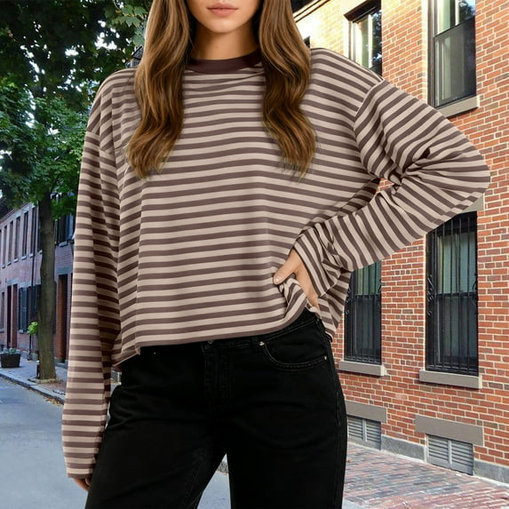 Neewe Women Oversized Striped Crewneck Tops Long Sleeve Color Block Lightweight Pullover Tops Casual Loose Workout Shirt