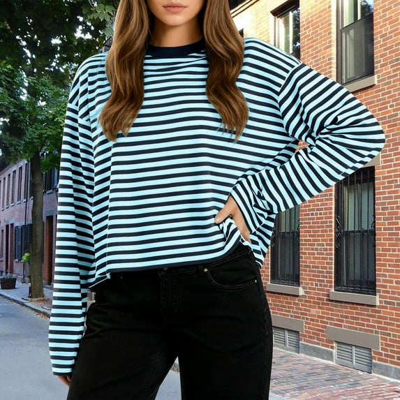 Neewe Women Oversized Striped Crewneck Tops Long Sleeve Color Block Lightweight Pullover Tops Casual Loose Workout Shirt
