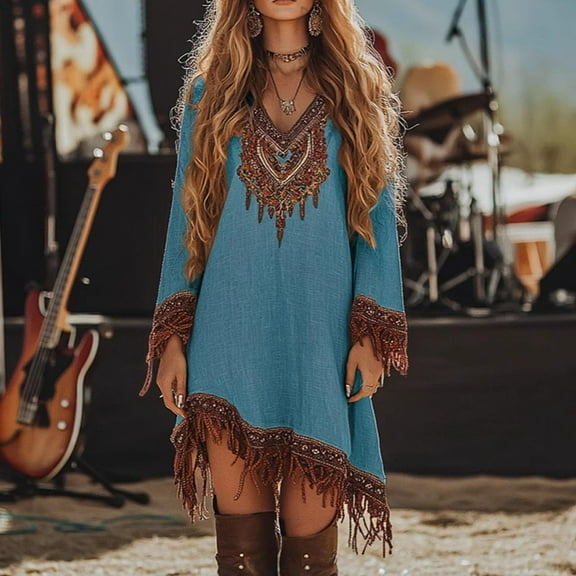 Neewe Women Printing Gothic Long Sleeve V-Neck Bohemian Vintage Tassel Mini Dress Beach Boho Dress