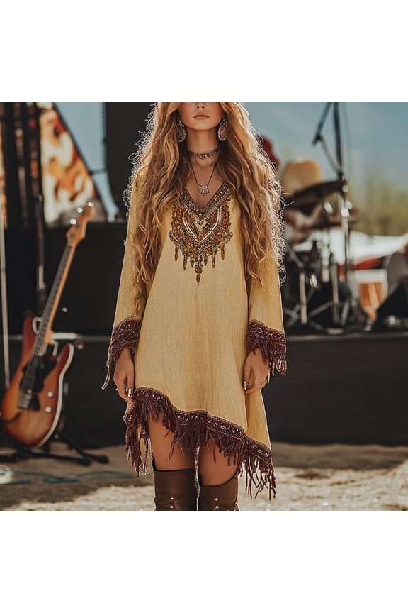 Women Printing Gothic Long Sleeve V-Neck Bohemian Vintage Tassel Mini Dress Beach Boho Dress