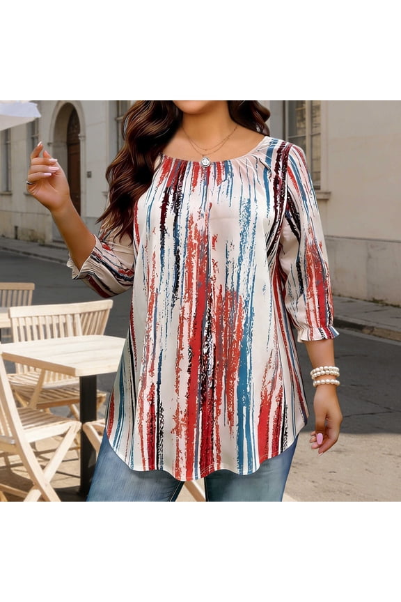 Women'S Plus Size Tops 3/4 Length Sleeve Women Tops Crew Neck Blouses Dressy Casual Printed Summer T Shirts Loose Fit