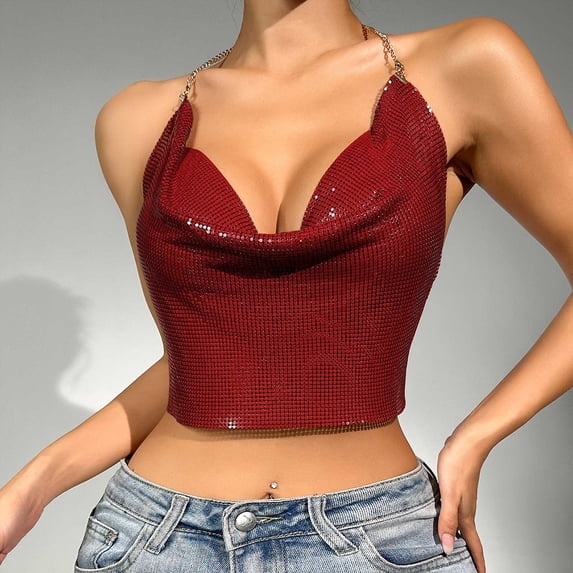 Neewe Women Sequins Halter Top Shiny Body Chain Top Sparkle Solid Color Club Party Rave Outfits