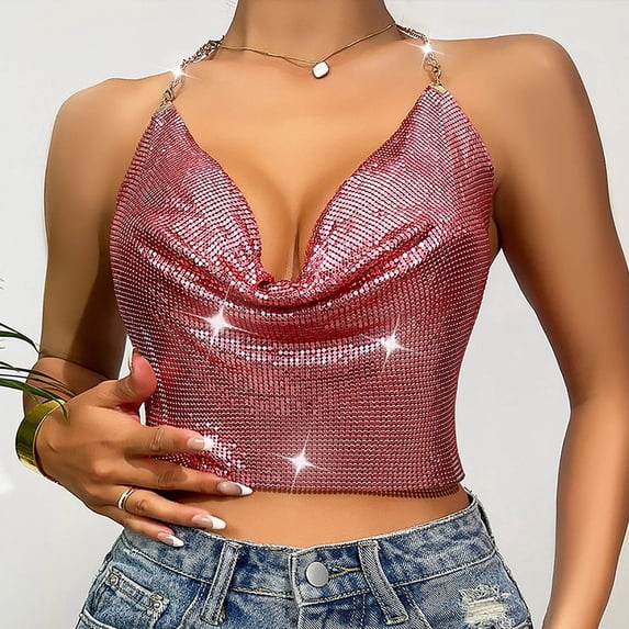 Neewe Women Sequins Halter Top Shiny Body Chain Top Sparkle Solid Color Club Party Rave Outfits
