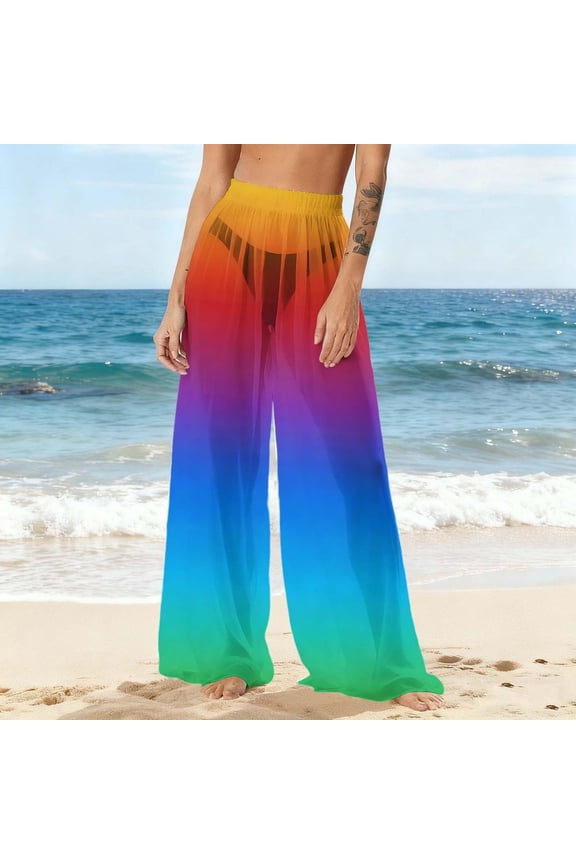 Women Sheer Flare Cover up Pants Swimsuit Beach Bikini Bottom Cover up Elastic Waist Wide Leg Palazzo Trousers