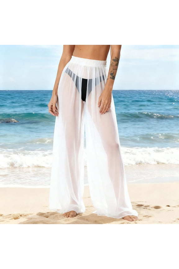 Women Sheer Flare Cover up Pants Swimsuit Beach Bikini Bottom Cover up Elastic Waist Wide Leg Palazzo Trousers