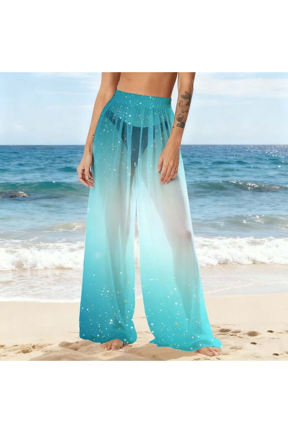 Women Sheer Flare Cover up Pants Swimsuit Beach Bikini Bottom Cover up Elastic Waist Wide Leg Palazzo Trousers