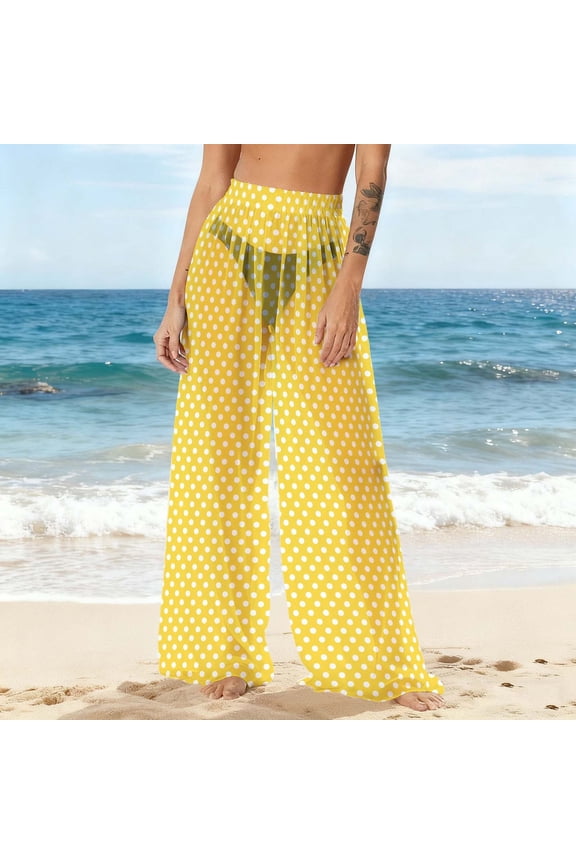 Women Sheer Mesh Pants See Through Bikini Bottom Swimsuit Cover up Polka Dots Wide Leg Beach Pants