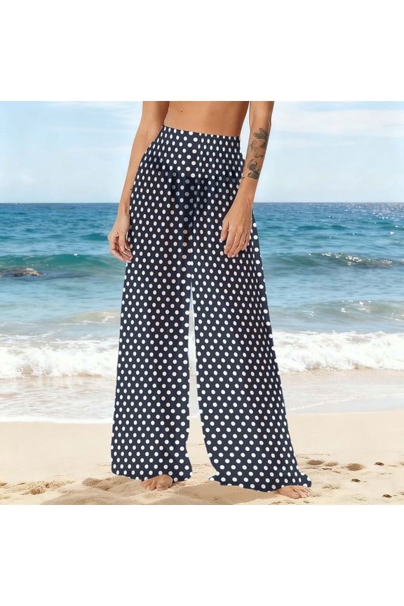 Women Sheer Mesh Pants See Through Bikini Bottom Swimsuit Cover up Polka Dots Wide Leg Beach Pants