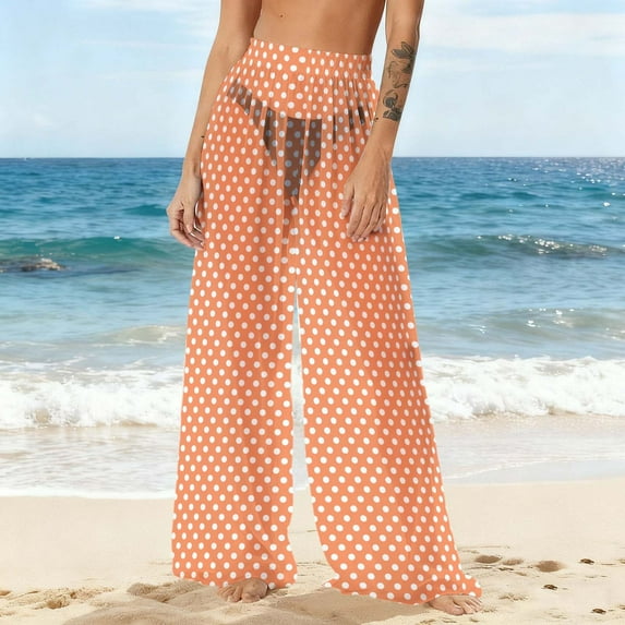 Neewe Women Sheer Mesh Pants See Through Bikini Bottom Swimsuit Cover up Polka Dots Wide Leg Beach Pants
