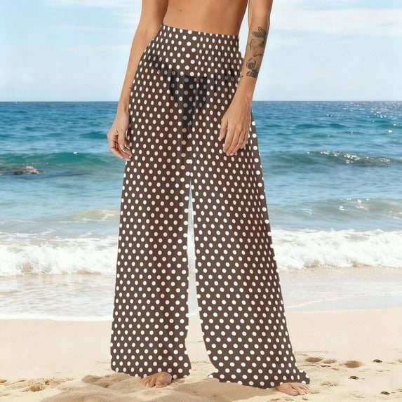 Neewe Women Sheer Mesh Pants See Through Bikini Bottom Swimsuit Cover up Polka Dots Wide Leg Beach Pants