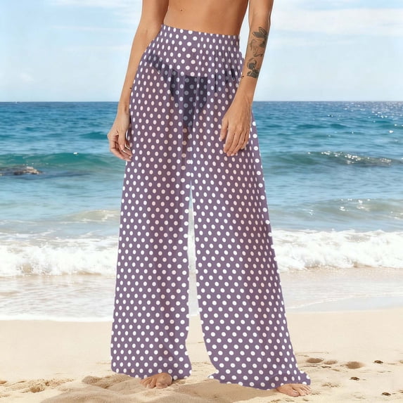 Neewe Women Sheer Mesh Pants See Through Bikini Bottom Swimsuit Cover up Polka Dots Wide Leg Beach Pants